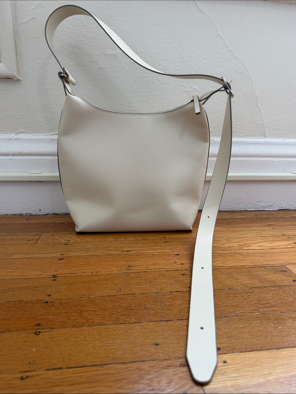 Uniqlo White Faux Leather Bucket Hobo Bag - Adjustable Strap